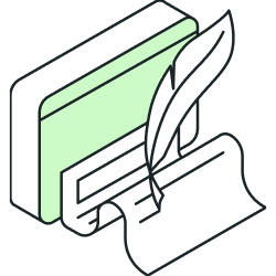 isometric icon of a quill writing on paper