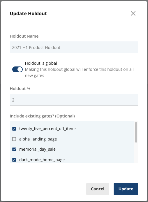 updating a holdout in statsig example