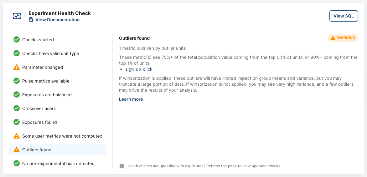 statsig health check showing no winsorization