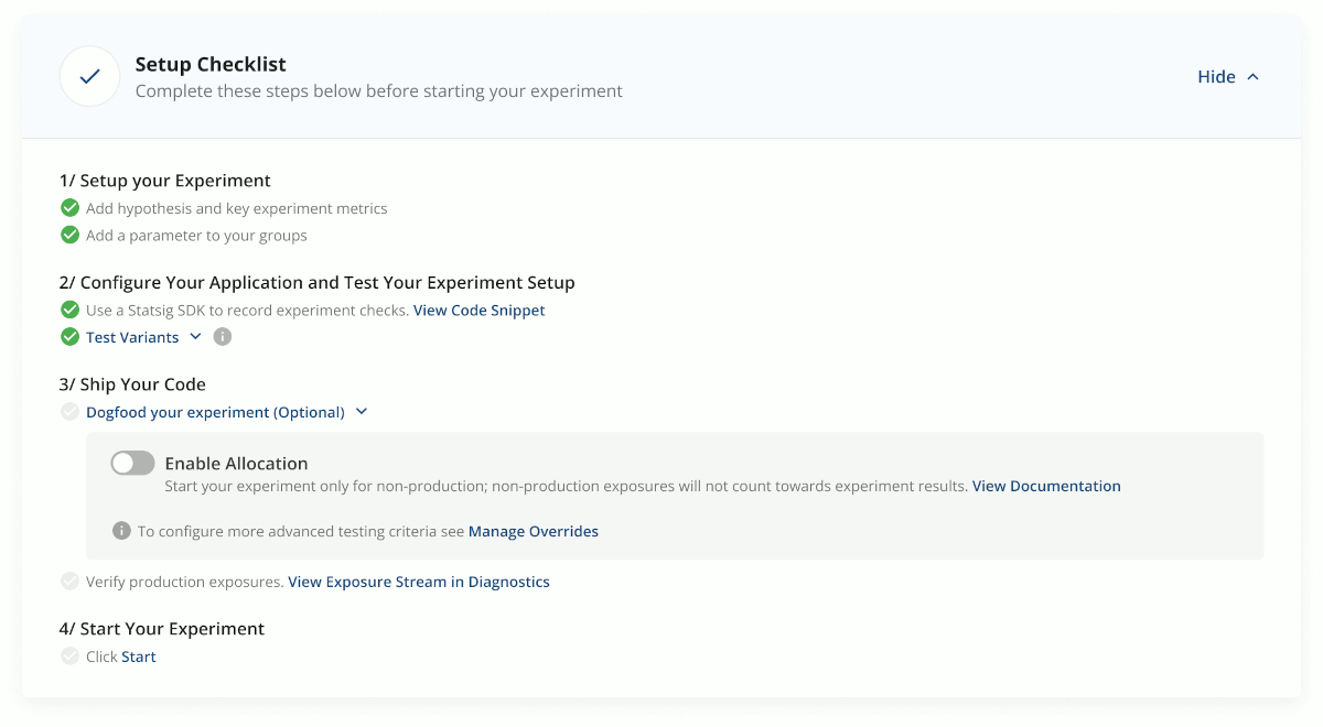 setup checklist in statsig