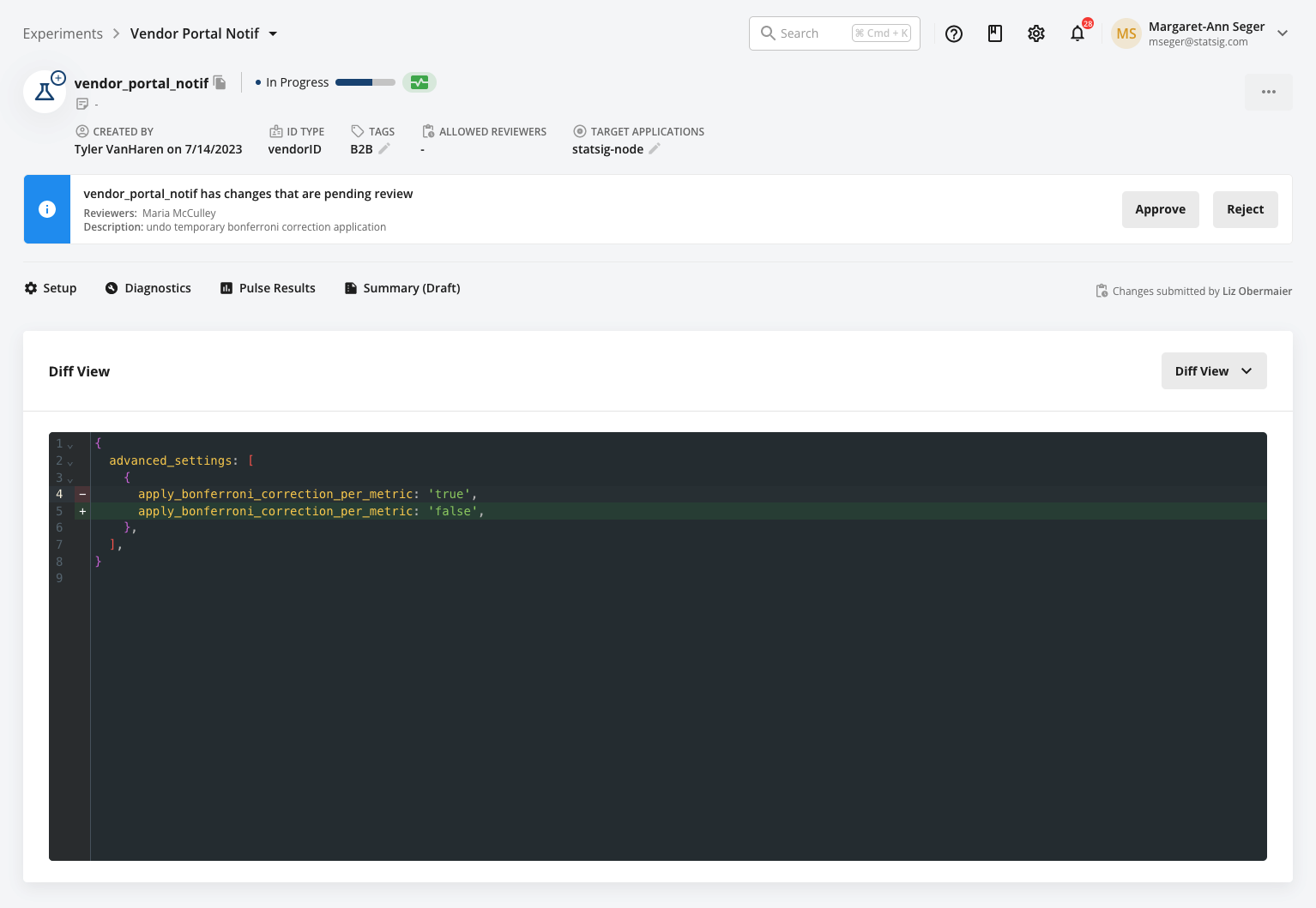 Experiment review setup in Statsig