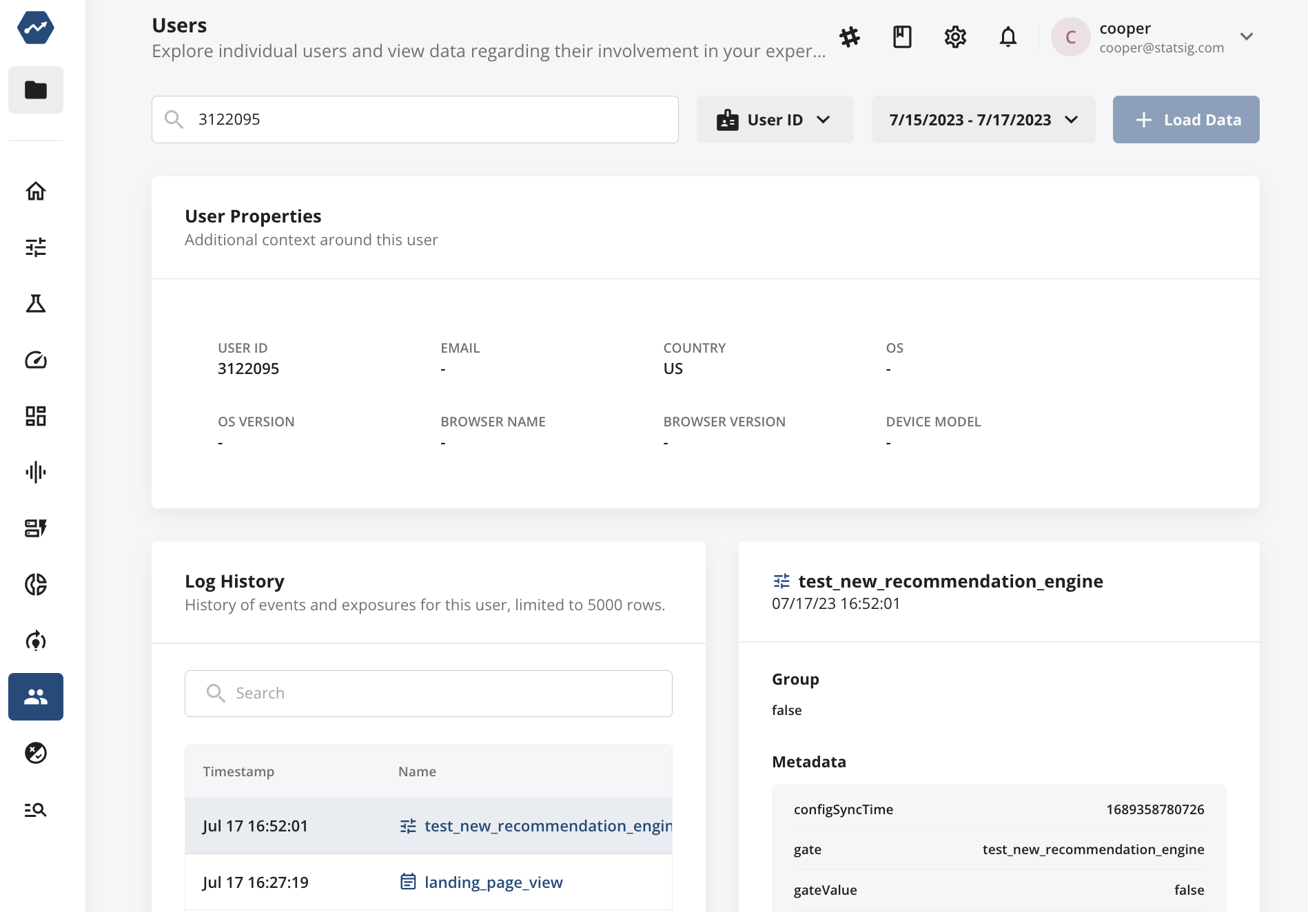 a user search for diagnosing user assignments and event history in statsig