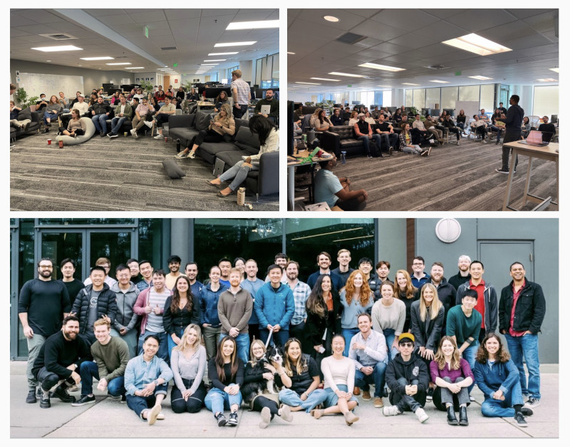 pictures from the company quarterly all-hands, and a group photo