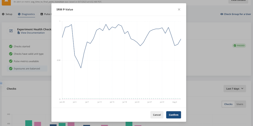 a screenshot of srm p-value in the statsig console