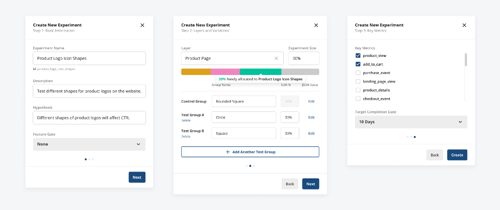 Three-step creation product screenshots for Statsig Experiments+