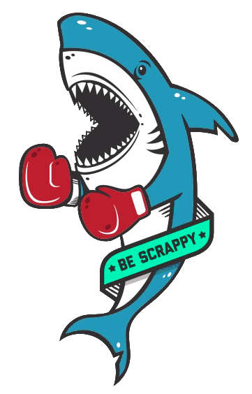 a drawing of a shark wearing boxing gloves with a ribbon that says 