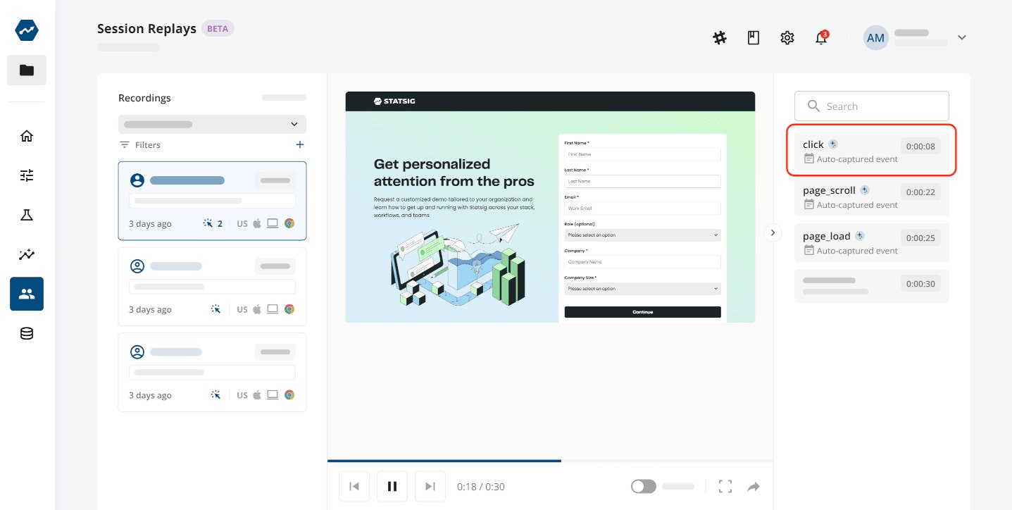 screenshot of statsig session replay
