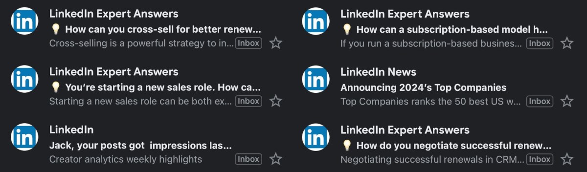 a bunch of linkedin emails