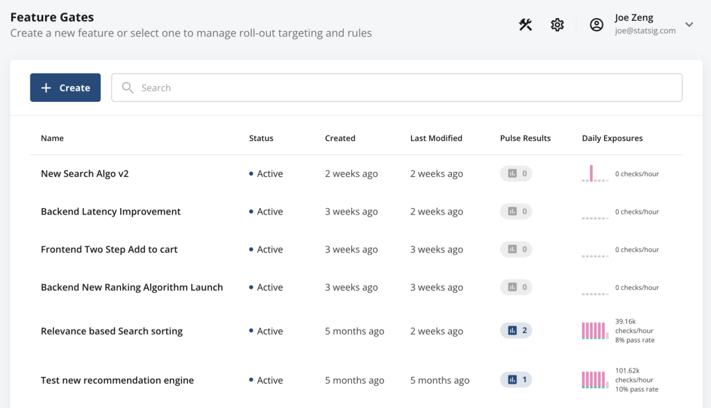 list view for features gates statsig product screenshot