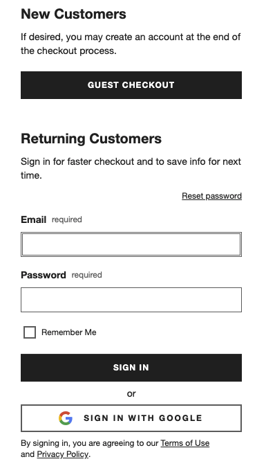 crate and barrel guest checkout and sign in options screenshot example