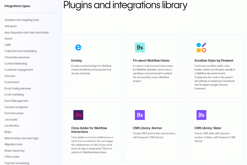 a screenshot fo the webflow plugins library
