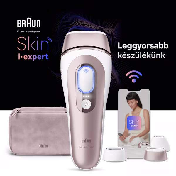 A kép közepén egy IPL-készülék, mögötte bézs neszesszer, mobileszköz Skin i·expert alkalmazással és három tartozék A kép közepén egy IPL-készülék, mögötte bézs neszesszer, mobileszköz Skin i·expert alkalmazással és három tartozék