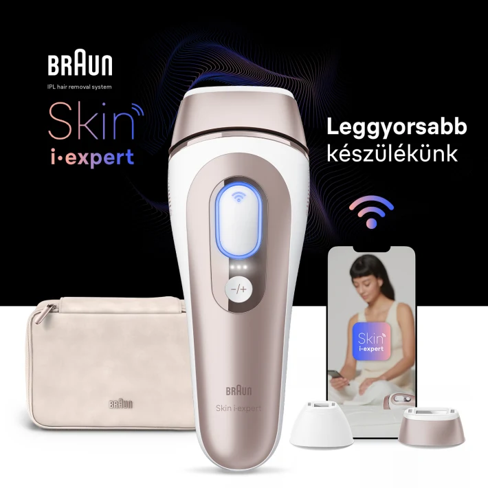 A kép közepén egy IPL-készülék, mögötte neszesszer, mobileszköz Skin i·expert alkalmazással és két tartozék