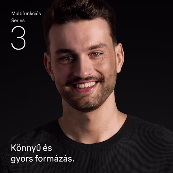Fiatal, szakállas férfi magabiztosan mosolyog a Braun 3 multifunkciós trimmelő használata után Fiatal, szakállas férfi magabiztosan mosolyog a Braun 3 multifunkciós trimmelő használata után