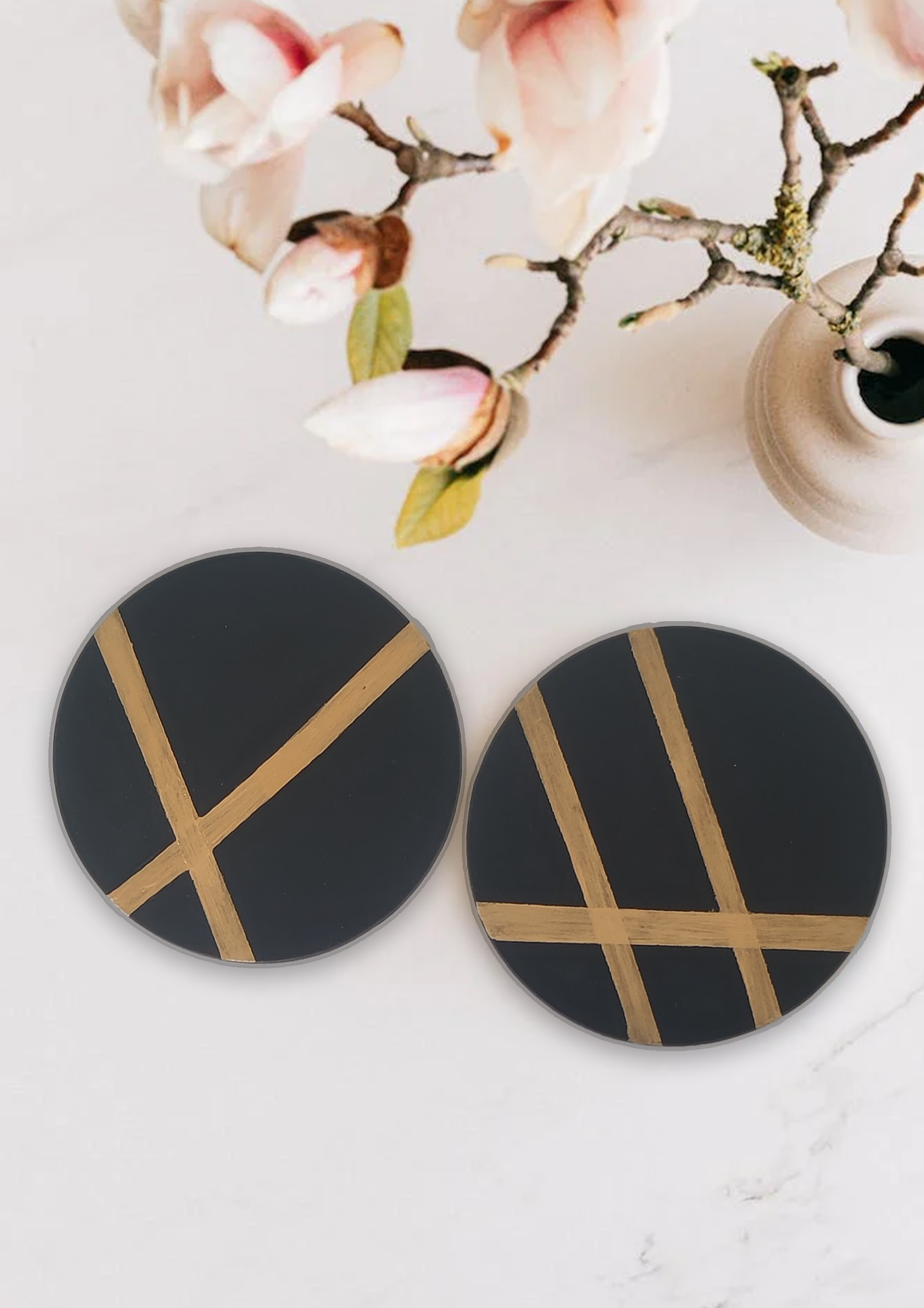 Image for Wooden round black and golden stripes coasters(pack of 2)