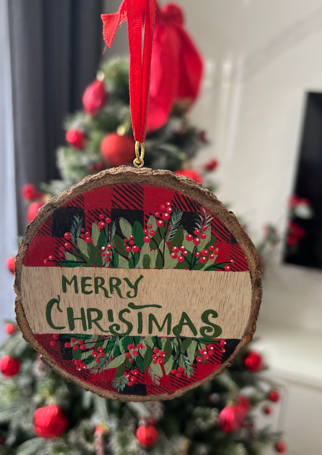 Wood log Merry Christmas Ornament