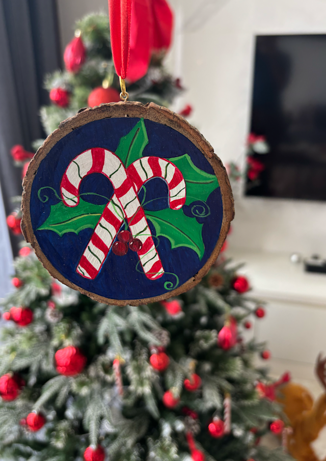 Wood log Candy Cane Ornament