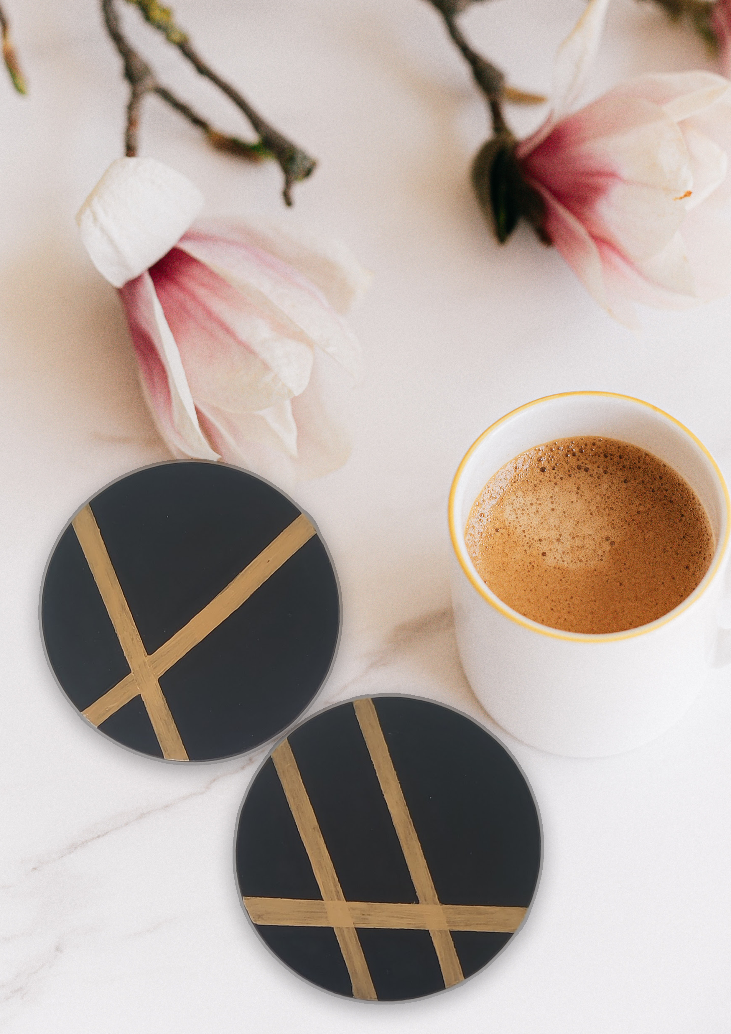 Image for Wooden round black and golden stripes coasters(pack of 2)