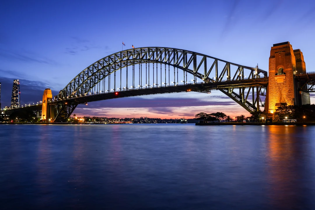 Sydney harbour bridge illuminated at dusk.