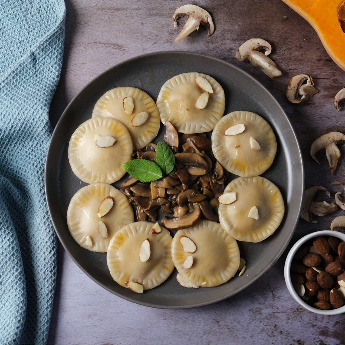 Vegan Butternut Squash Ravioli with Sage Butter and Mushrooms-image
