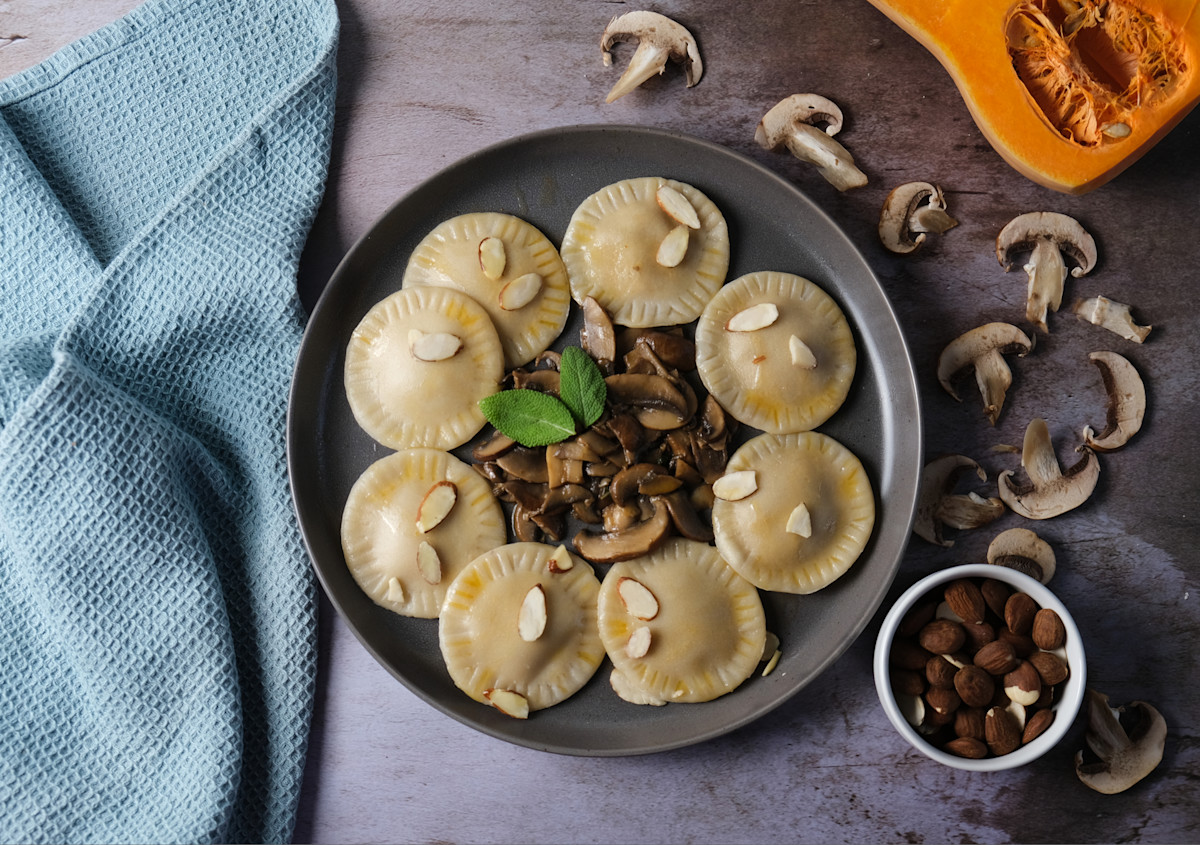 Vegan Butternut Squash Ravioli with Sage Butter and Mushrooms-image