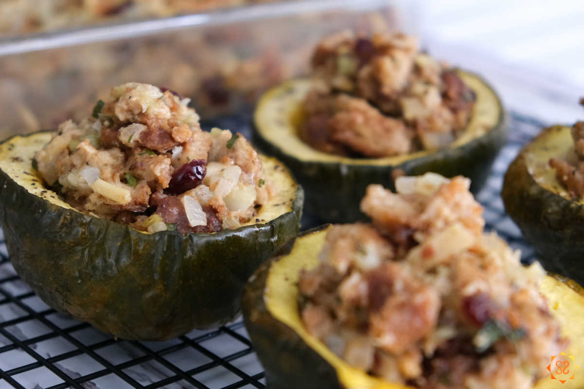 Vegan Stuffing with Cranberries and Apples in Roasted Acorn Squash ...