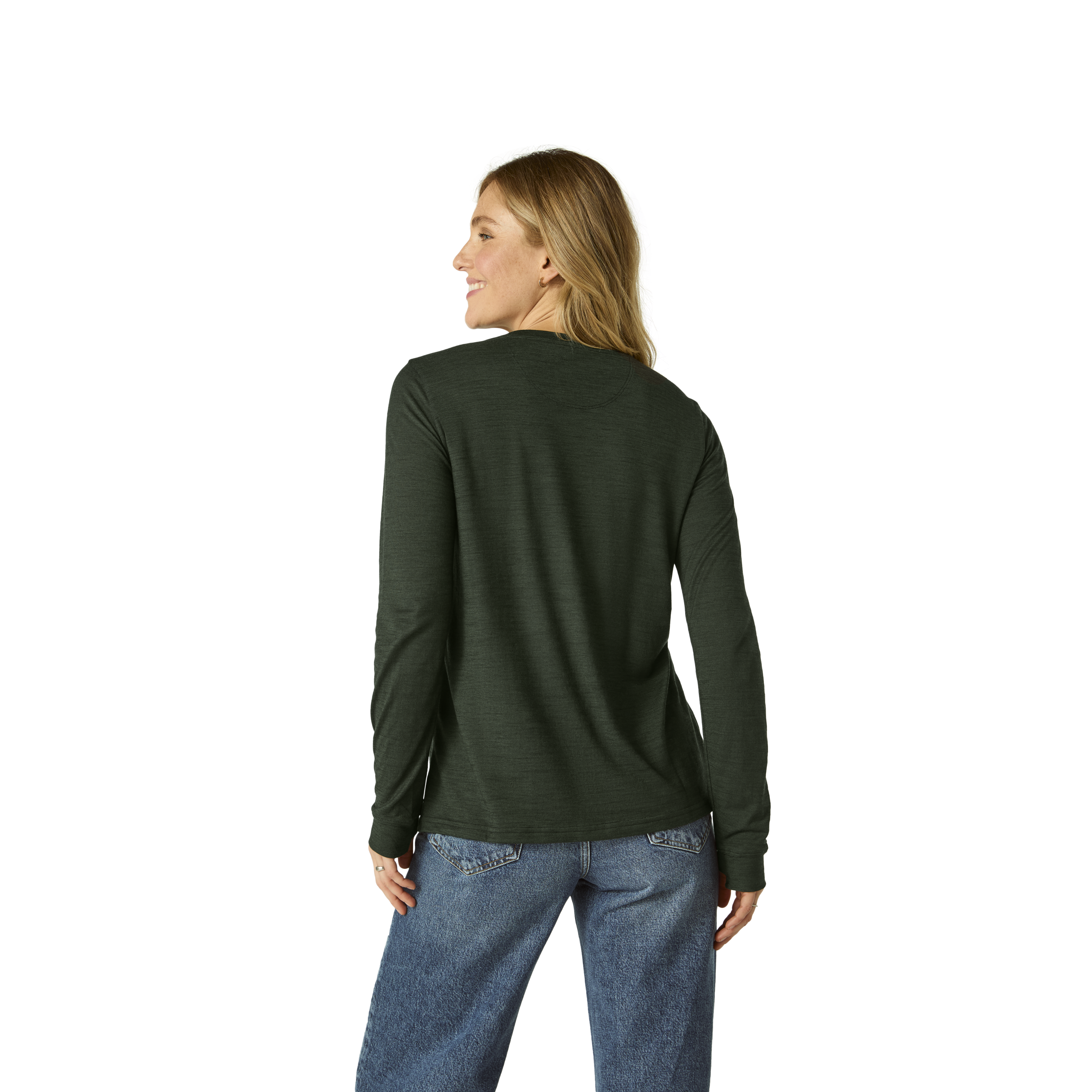 Women's Long Sleeve Crew Neck T-Shirt - Basic Stretchy Tee Top In Olive Green, Medium