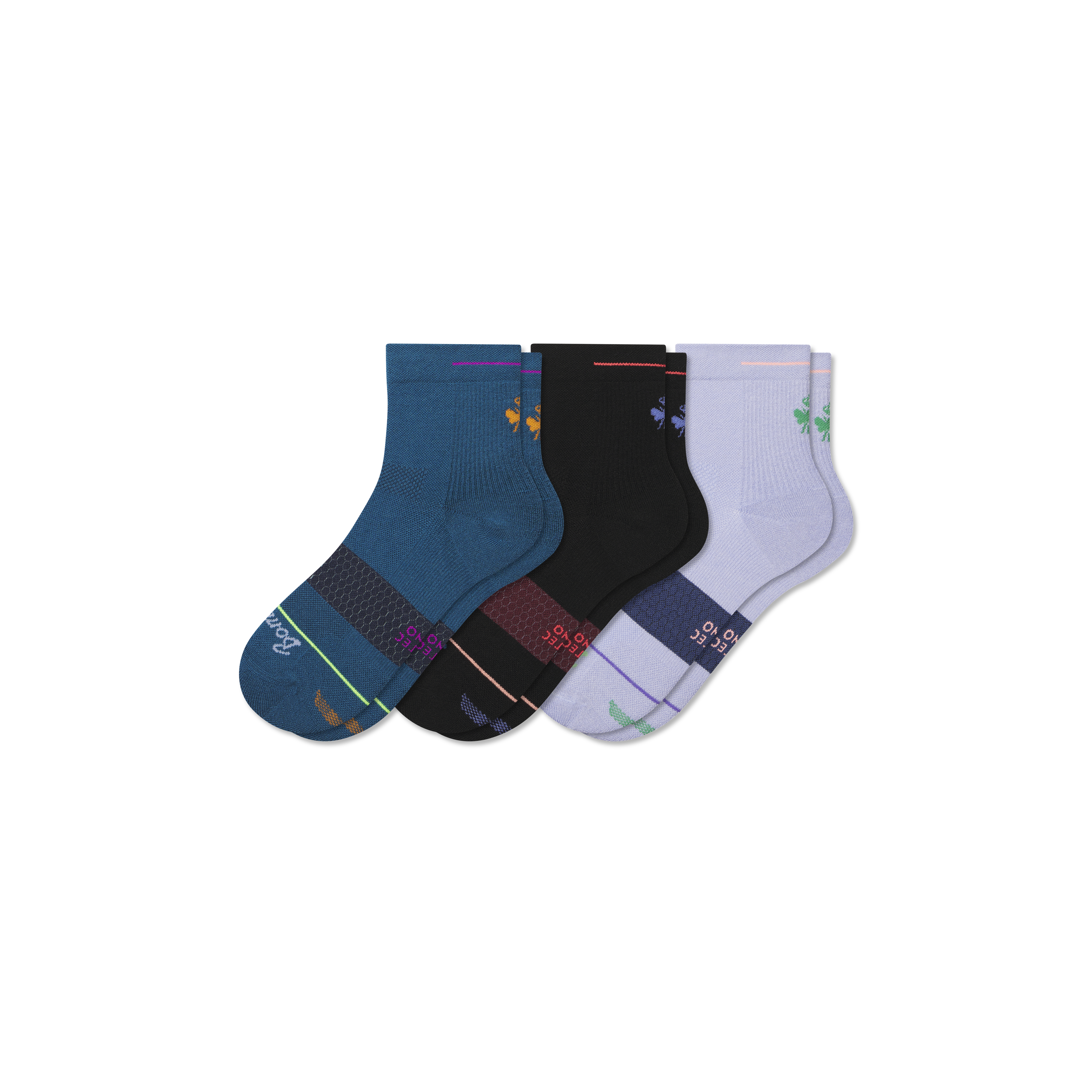 Bombas Merino Wool Blend Athletic Quarter Sock 3-pack In Black Teal Mix