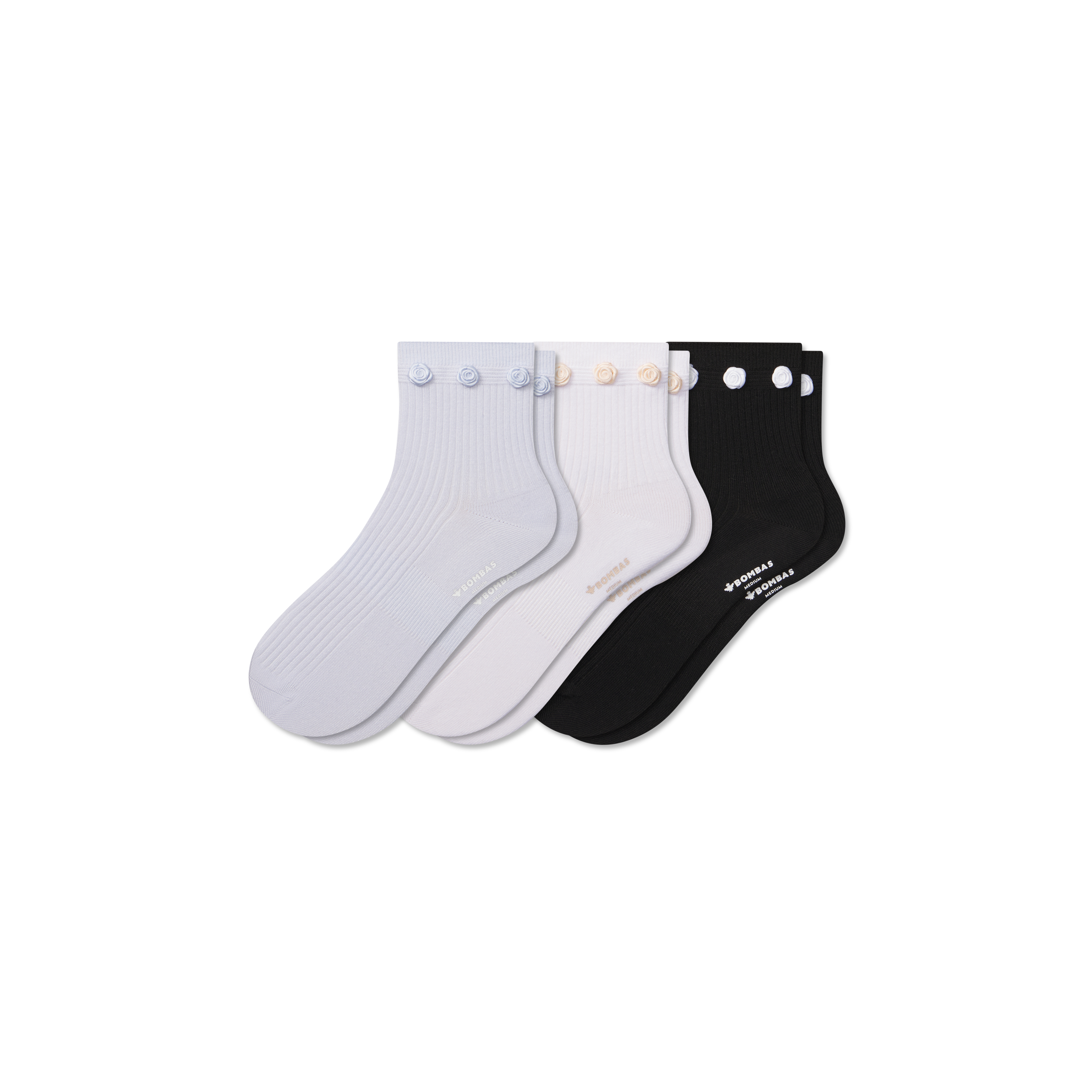 Bombas Rosette True Rib Quarter Sock 3-pack In Halo White Mix