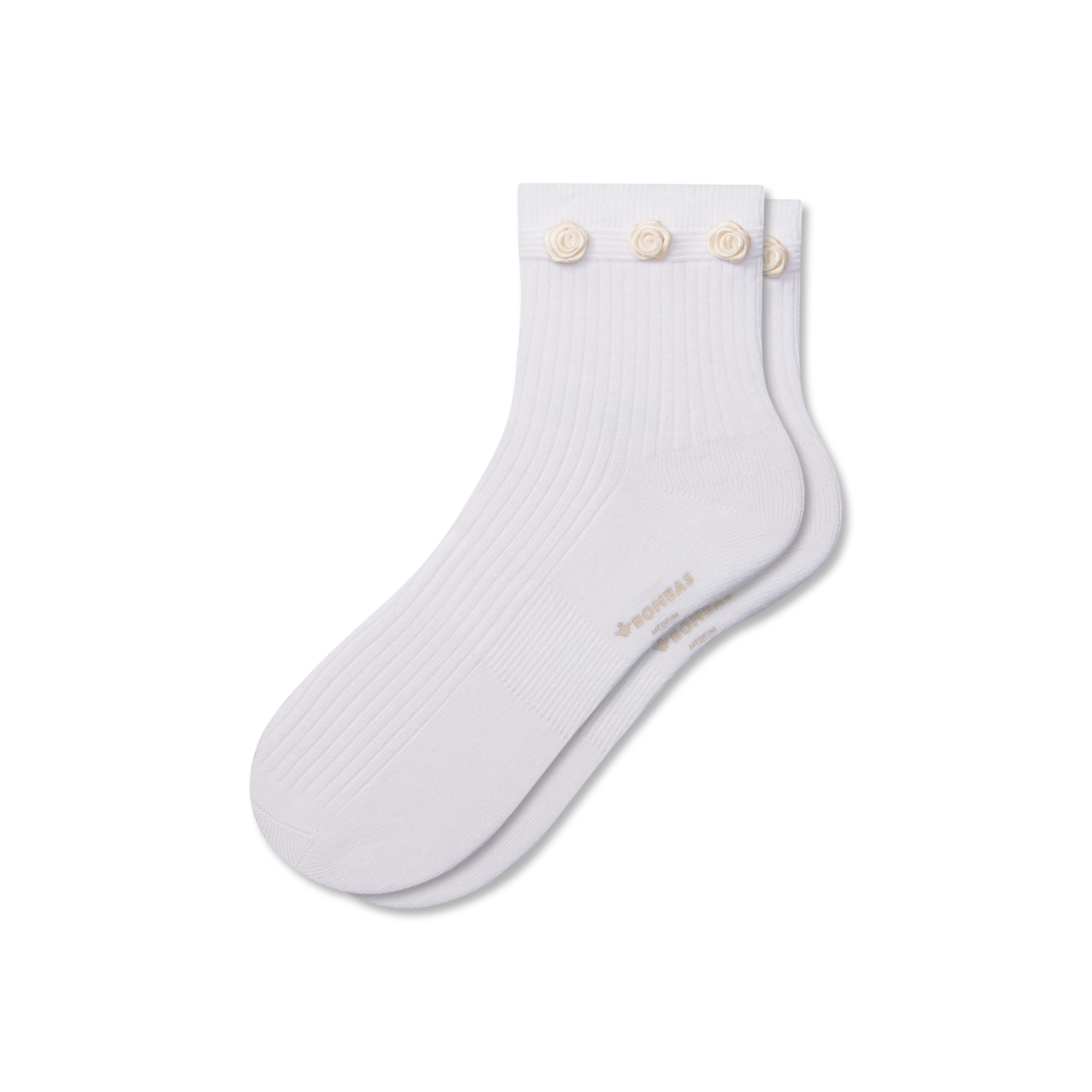 Bombas Rosette True Rib Quarter Socks In White Blush