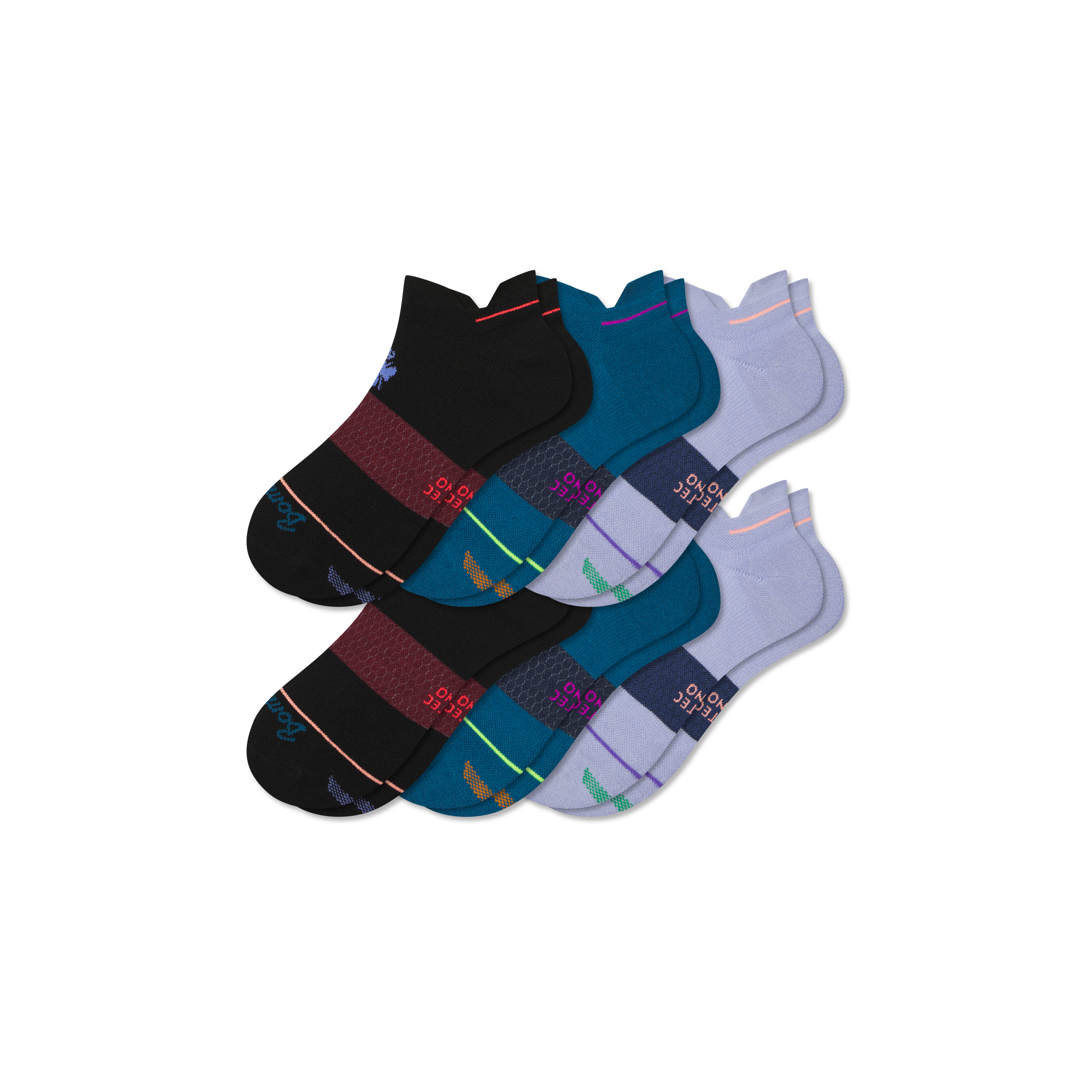 Bombas Merino Wool Blend Athletic Ankle Sock 6-pack In Black Teal Mix