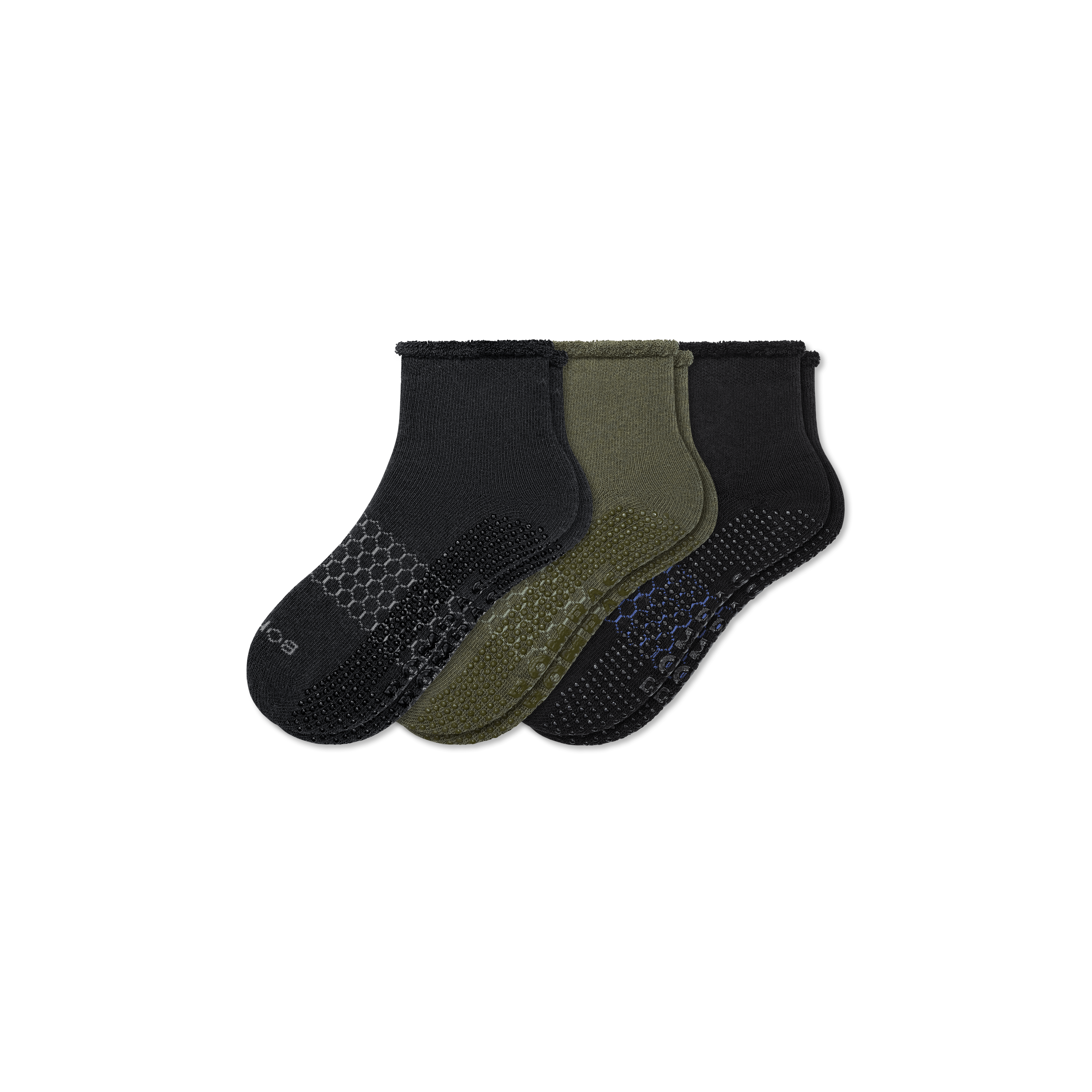 Bombas Merino Wool Blend Roll-top Gripper House Sock 3-pack In Charcoal Olive Mix