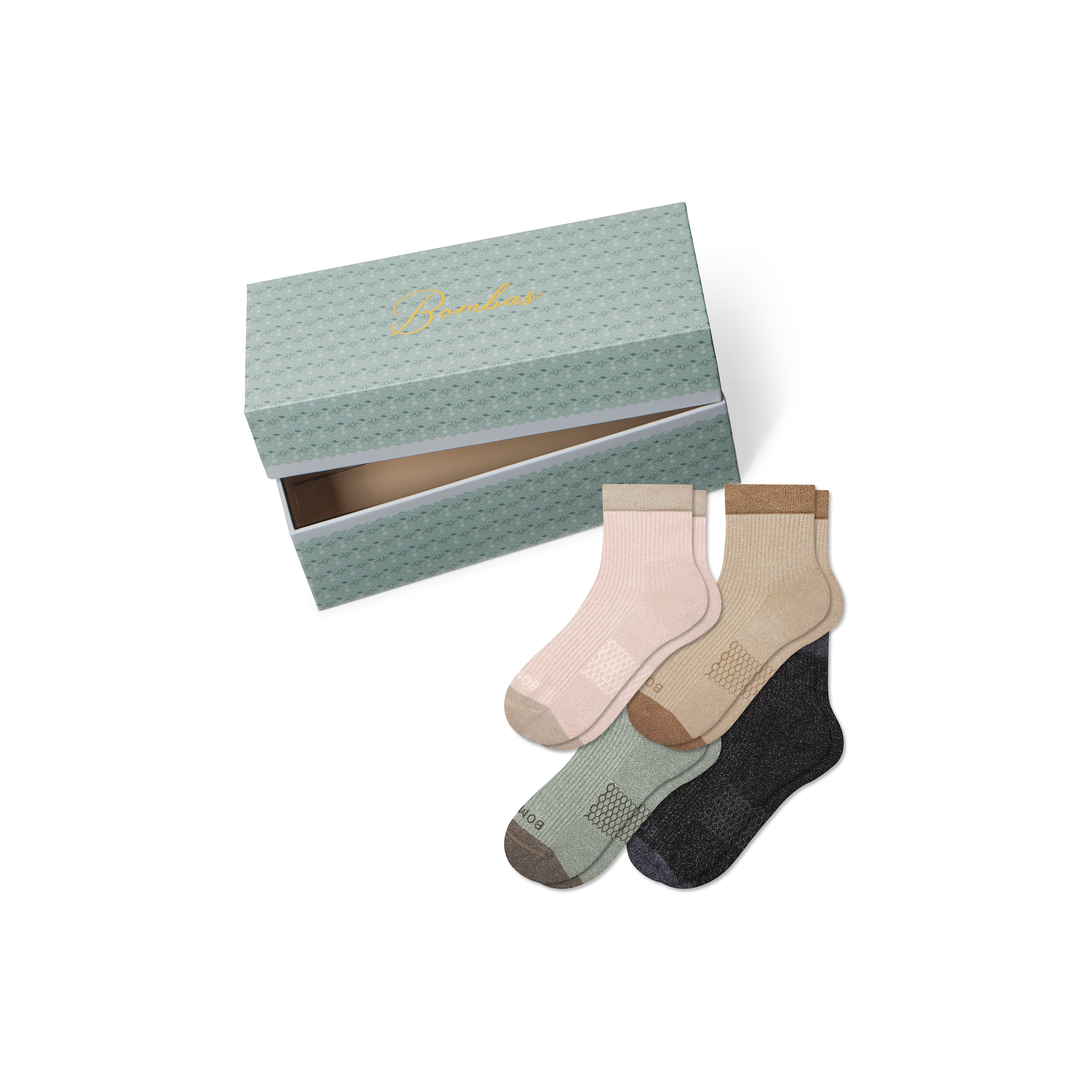 Bombas Sparkle Glitter Modern Rib Quarter Sock 4-pack Gift Box In Green
