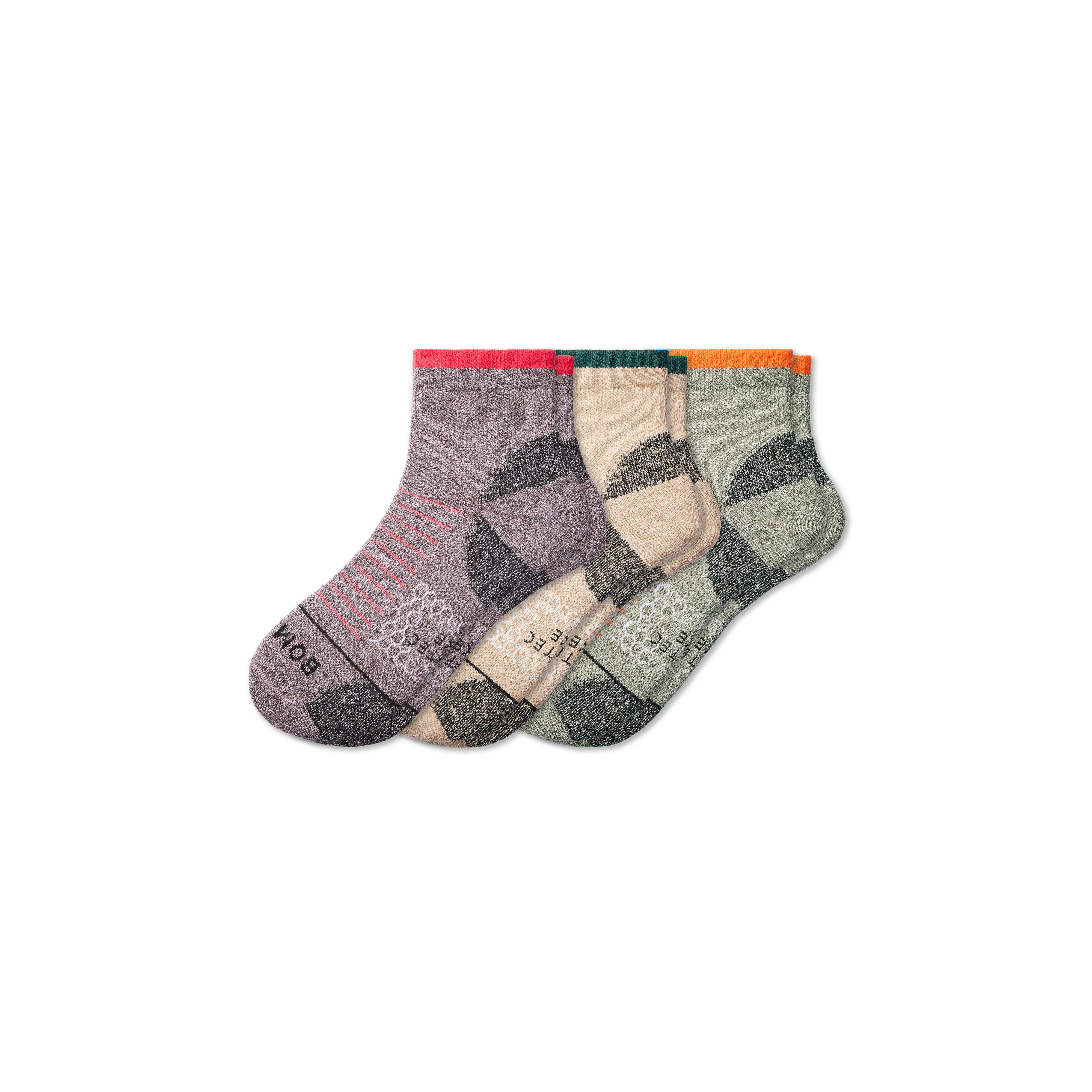 Bombas Merino Wool Blend Hiking Performance Quarter Sock 3-pack In Olive Twine Mix