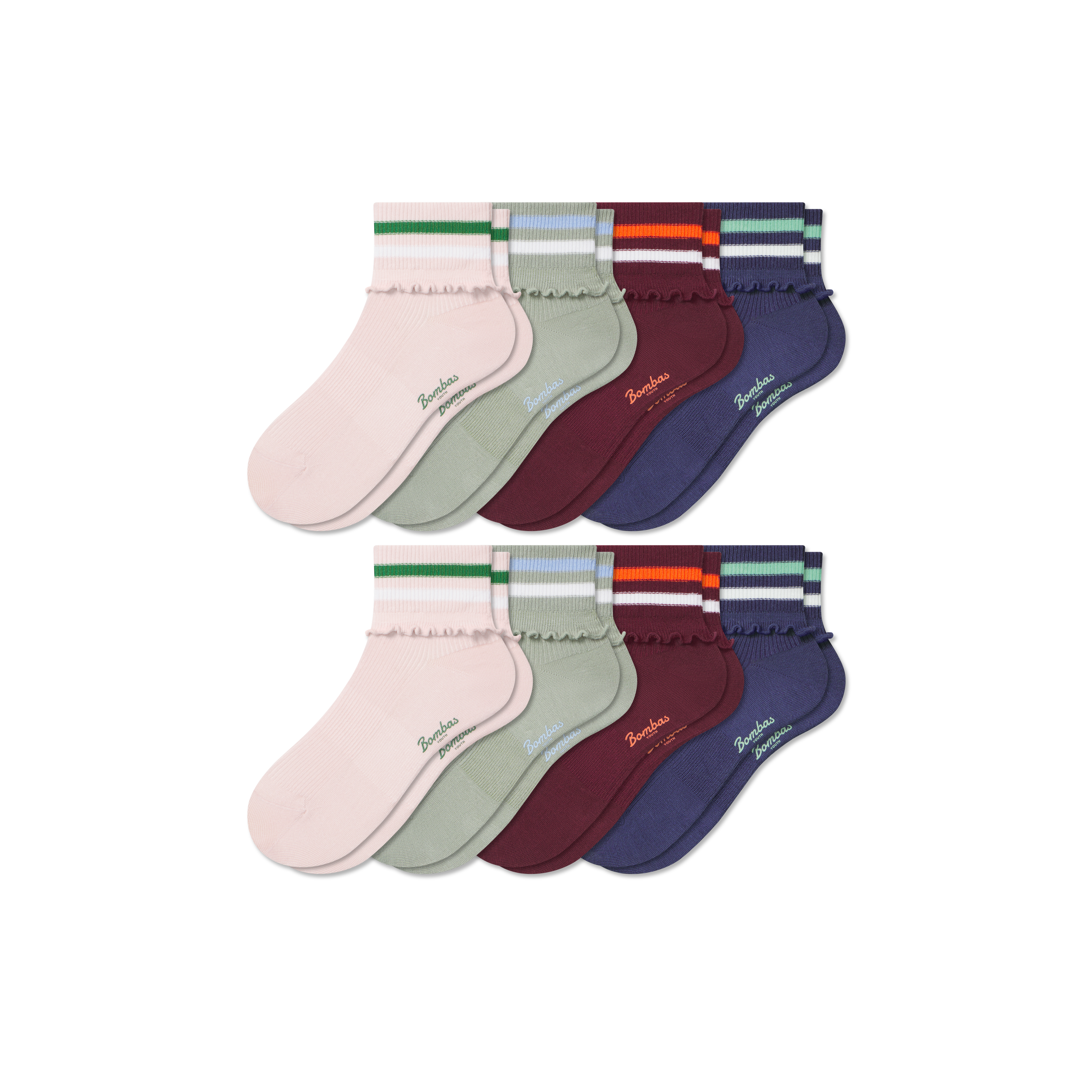 bombas Youth Foldover Ruffle Quarter Sock 8-Pack