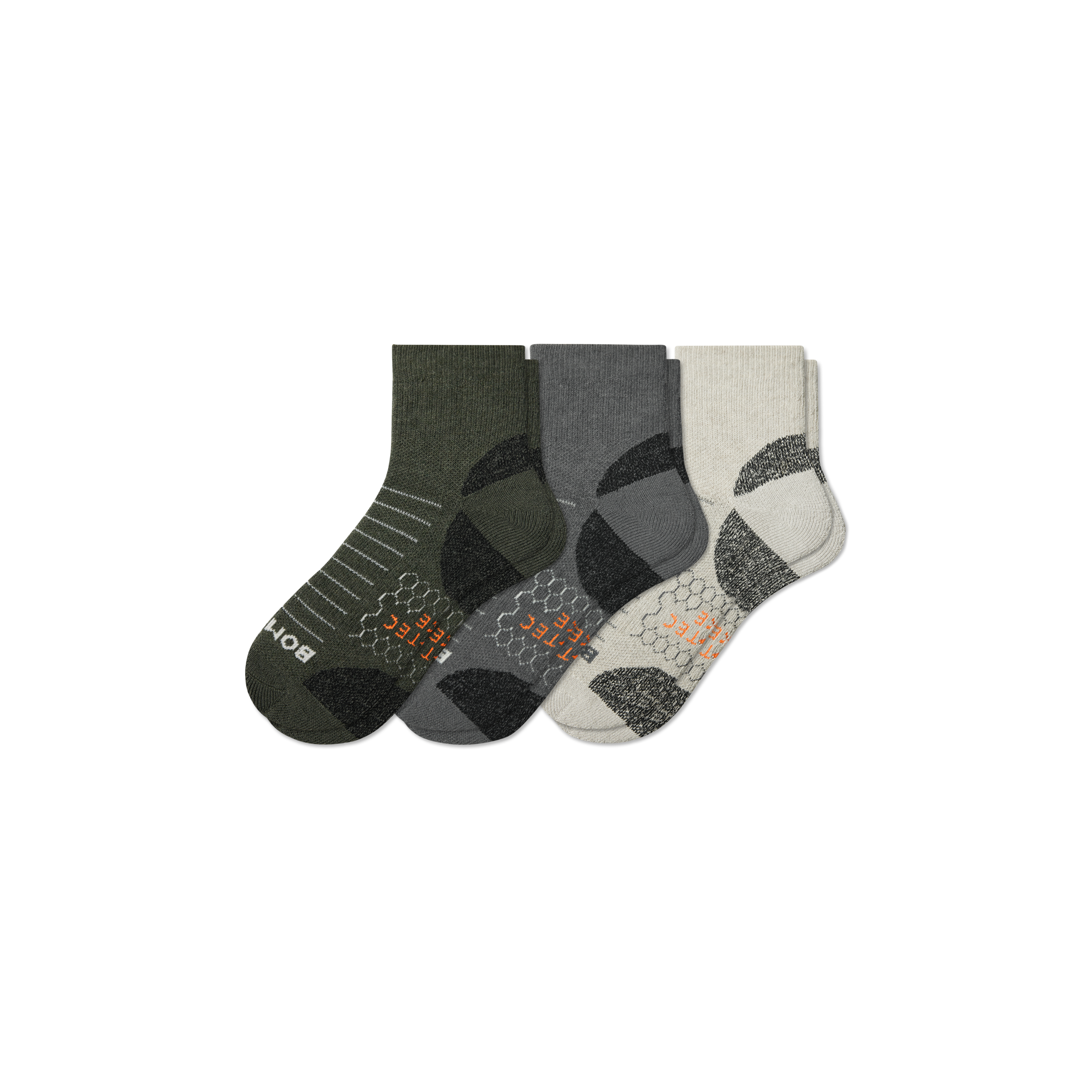 Bombas Hiking Performance Quarter Sock 3-pack In Olive Shade Mix