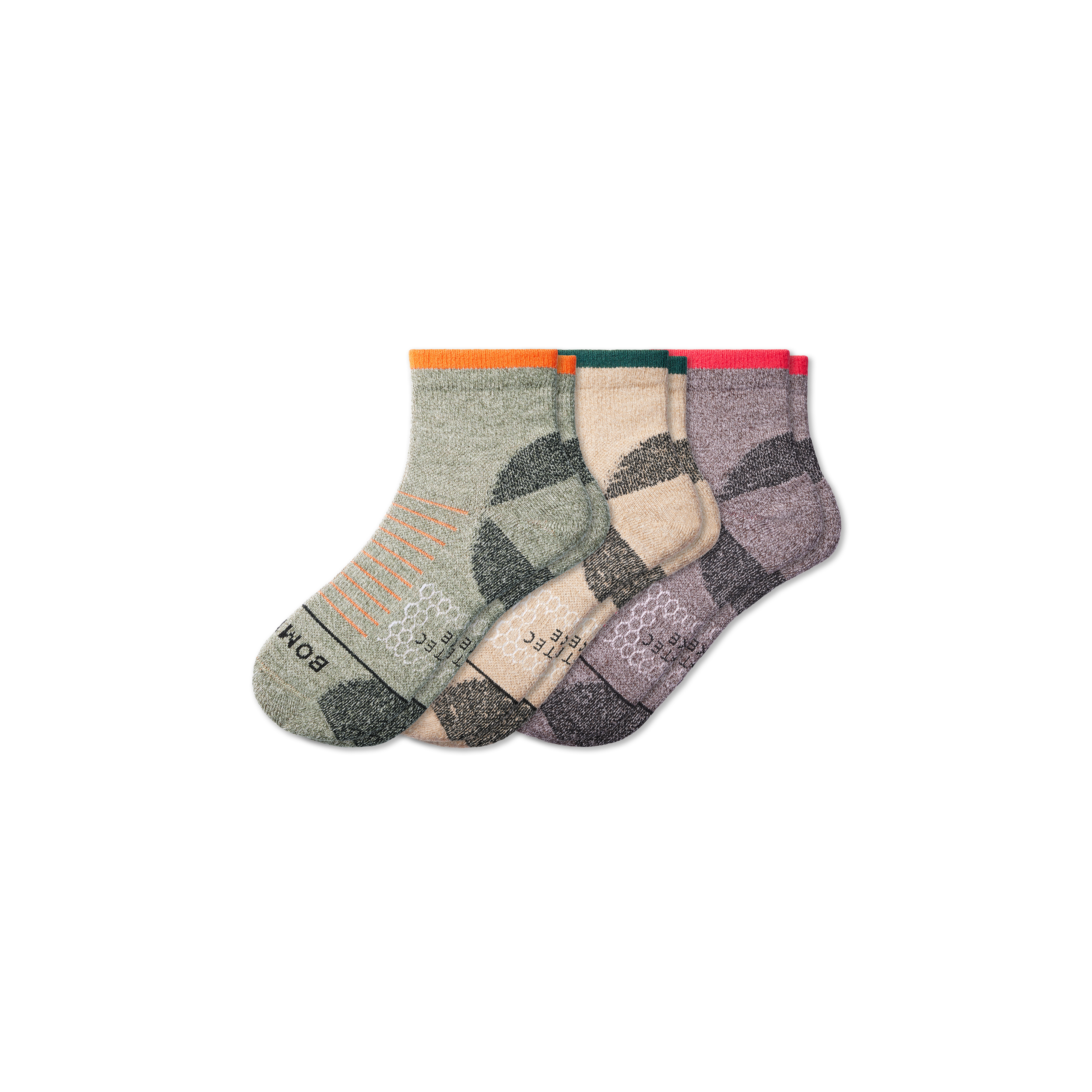 Bombas Merino Wool Blend Hiking Performance Quarter Sock 3-pack In Olive Twine Mix
