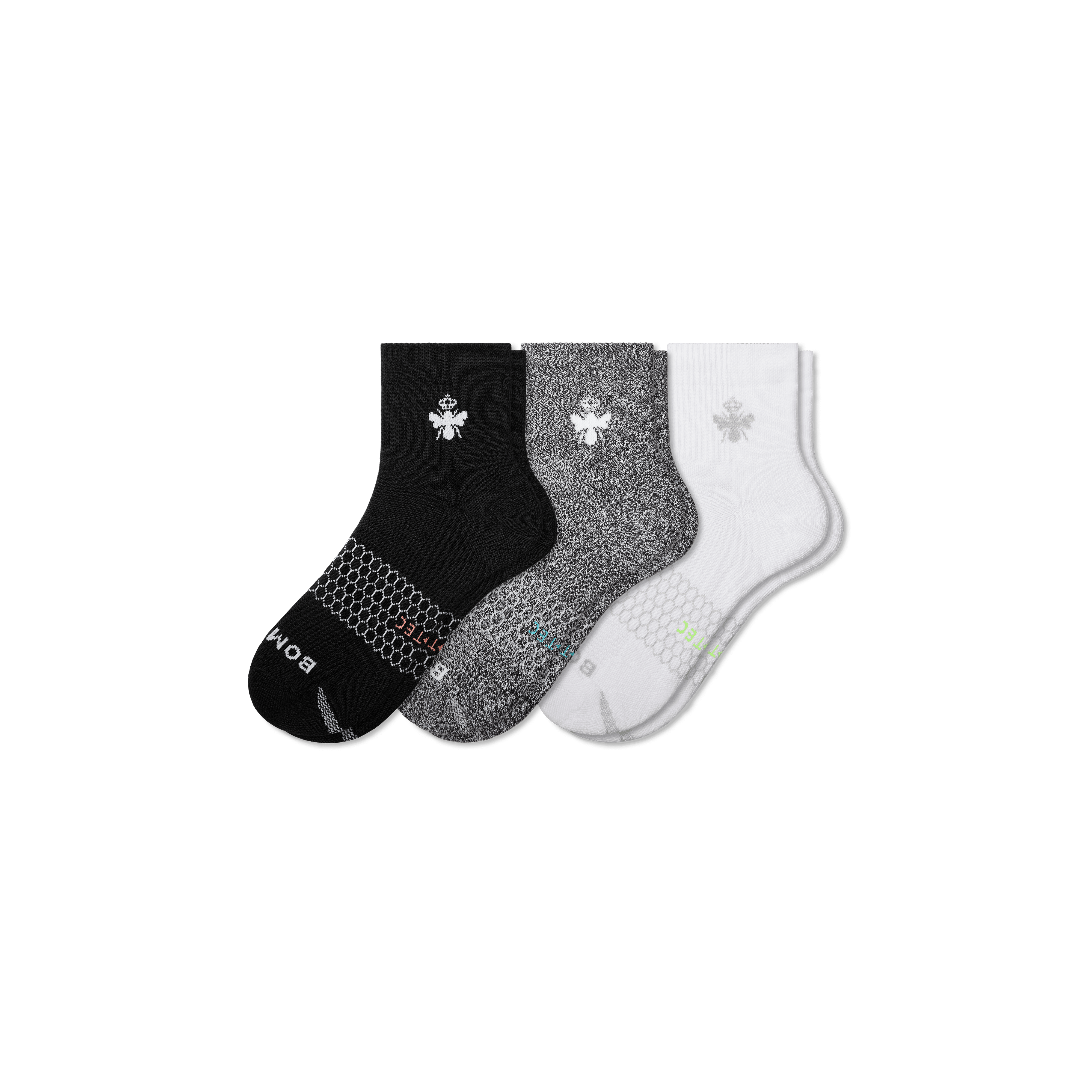 Bombas All-purpose Performance Quarter Sock 3-pack In Black White Charcoal