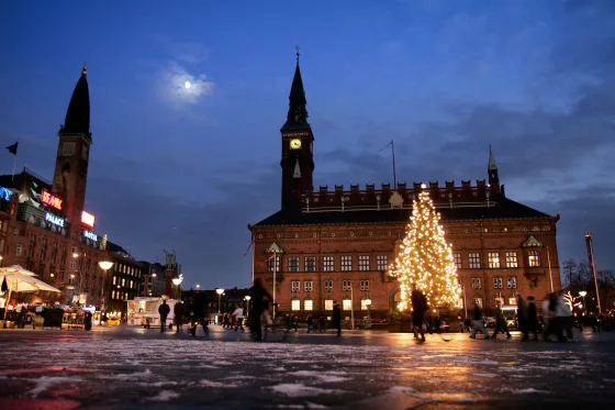 The traditional Christmas tree lights up the square Rådhuspladsen in Copenhagen.