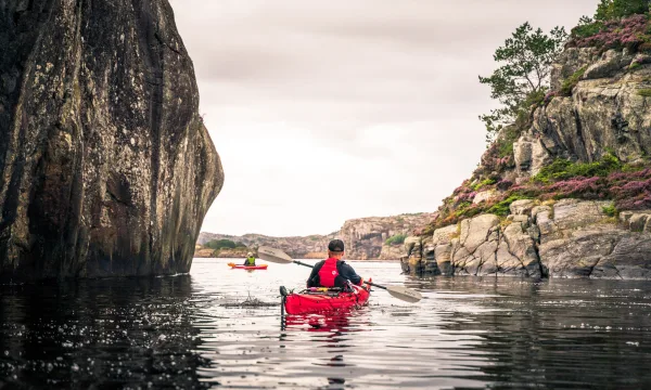 En man som paddlar i en röd kajak