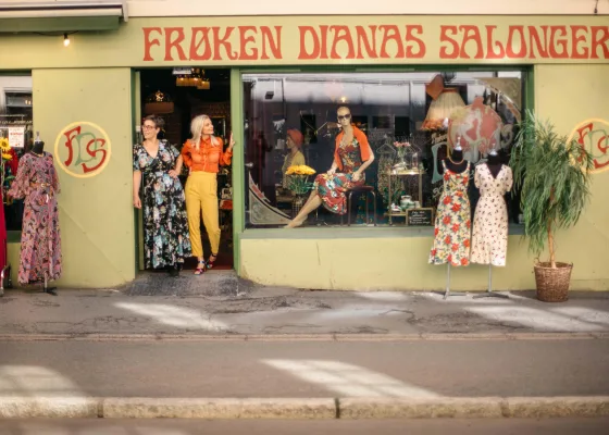 Outside the vintage store Frøken Dianas Salonger in Oslo