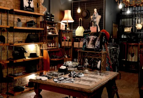Bags and accessories in a vintage store