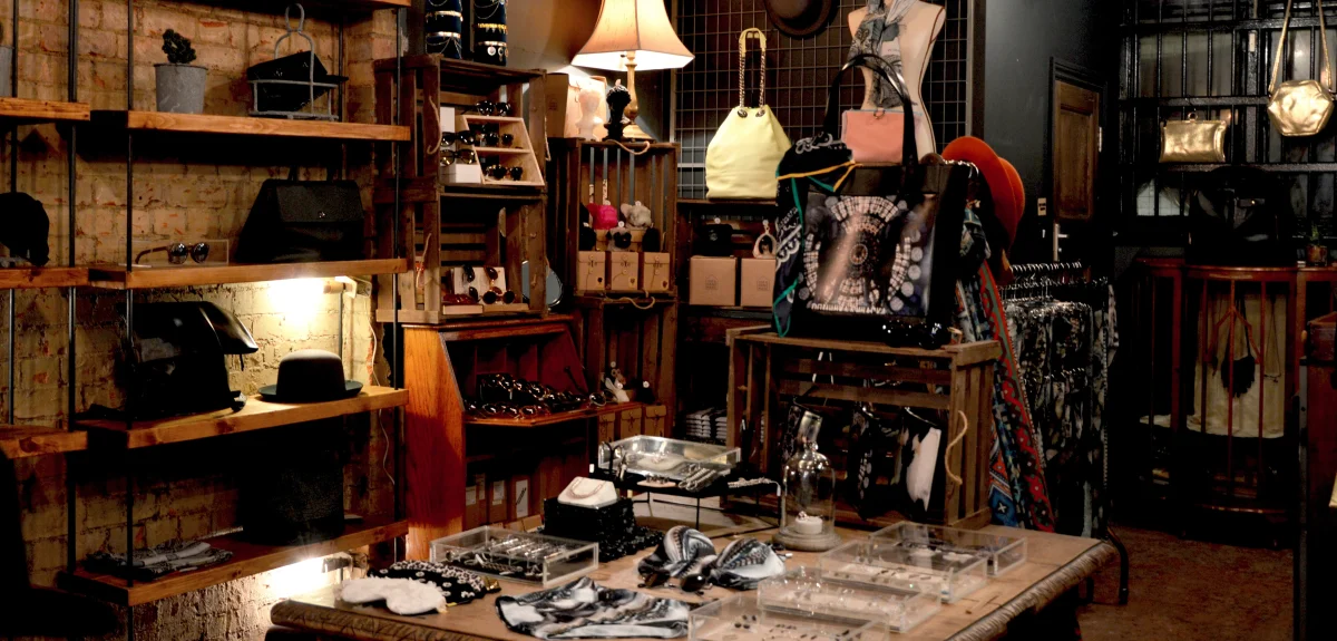 Bags and accessories in a vintage store