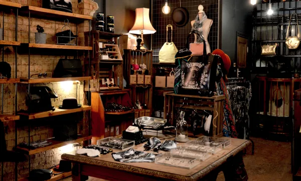 Bags and accessories in a vintage store