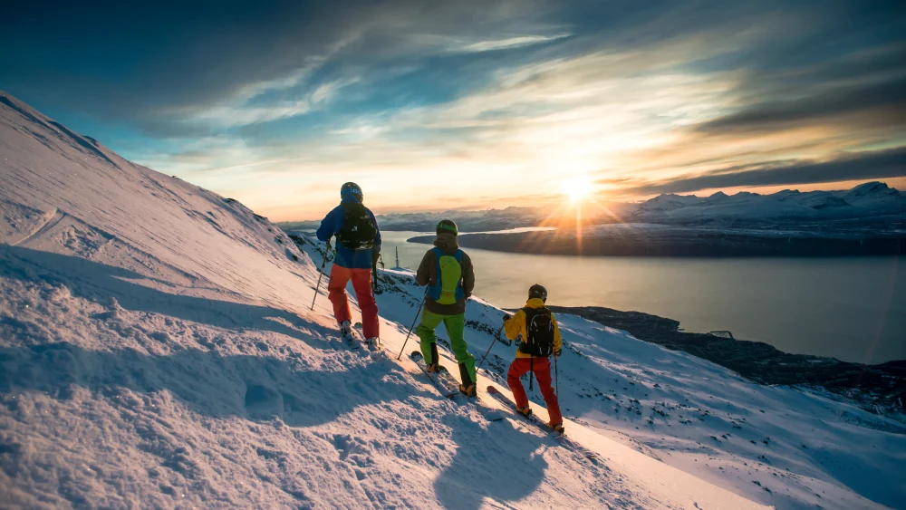 Three slalom skiers at Narvikfjellet, Norway