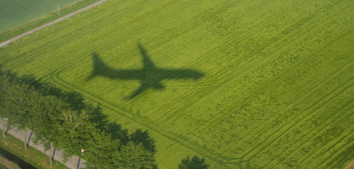 Flygplan på väg ner mot sommargrönska.