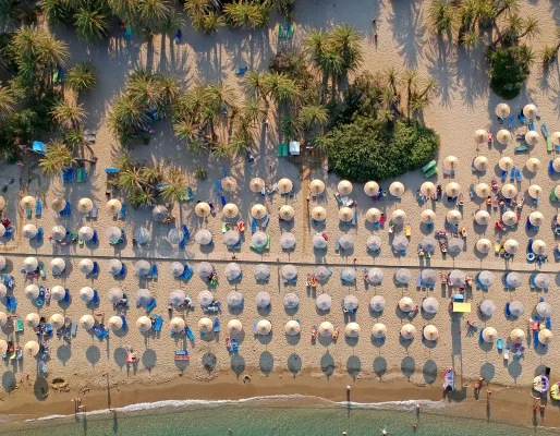 Solsenge, parasoller og palmer på Vai Beach