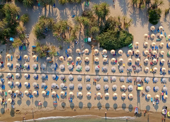 Sunbeds, parasols and palm trees on Vai Beach