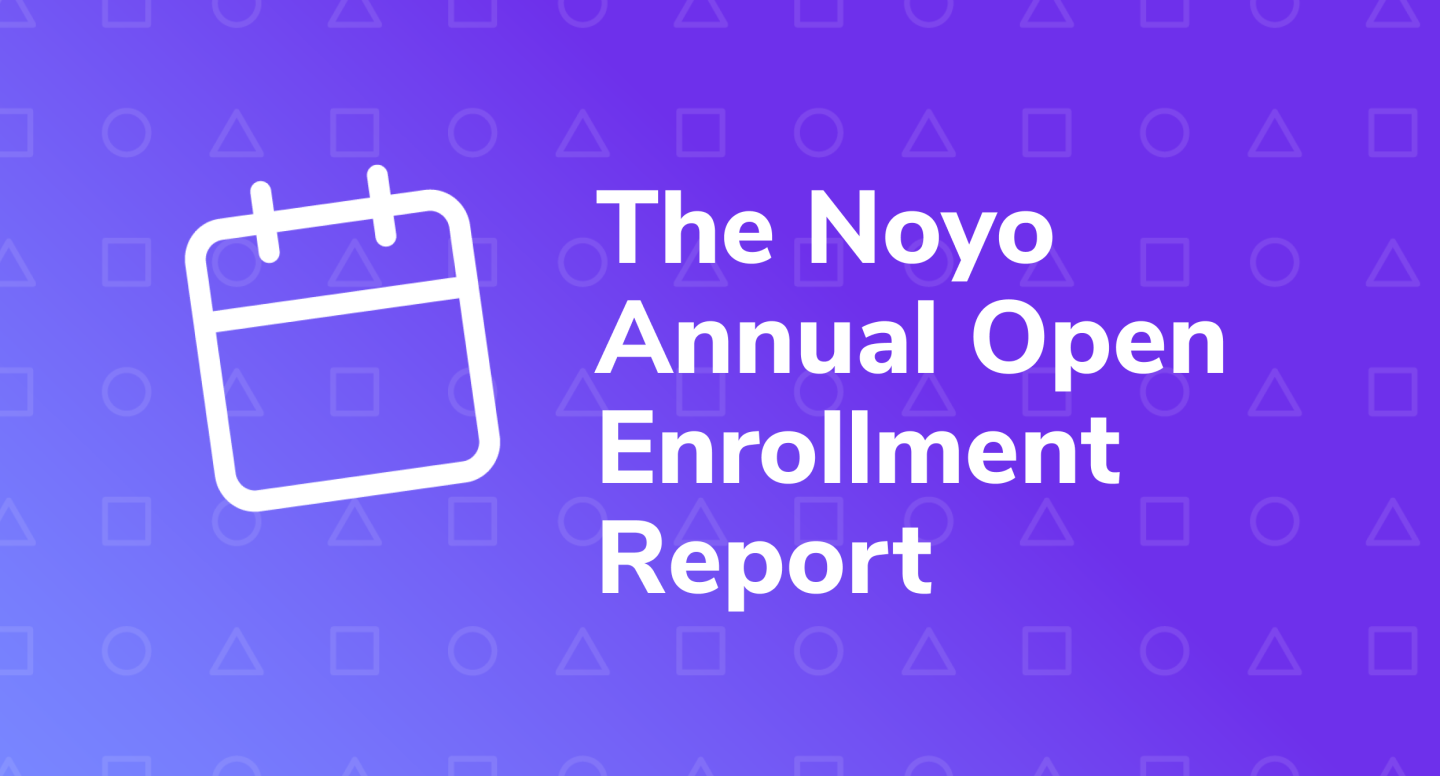 Noyo's annual open enrollment report blog hero image. A calendar icon with a backdrop of purple with a repeating motif of triangles, circles, and squares.