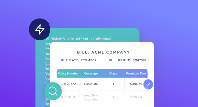 A stylized bill for Acme Company with columns for Policy Number, Coverage, Class, and Premium Due. Behind the bill is a a teal square with pretend code; behind that is the Noyo wave in purple, violet, and lavender.
